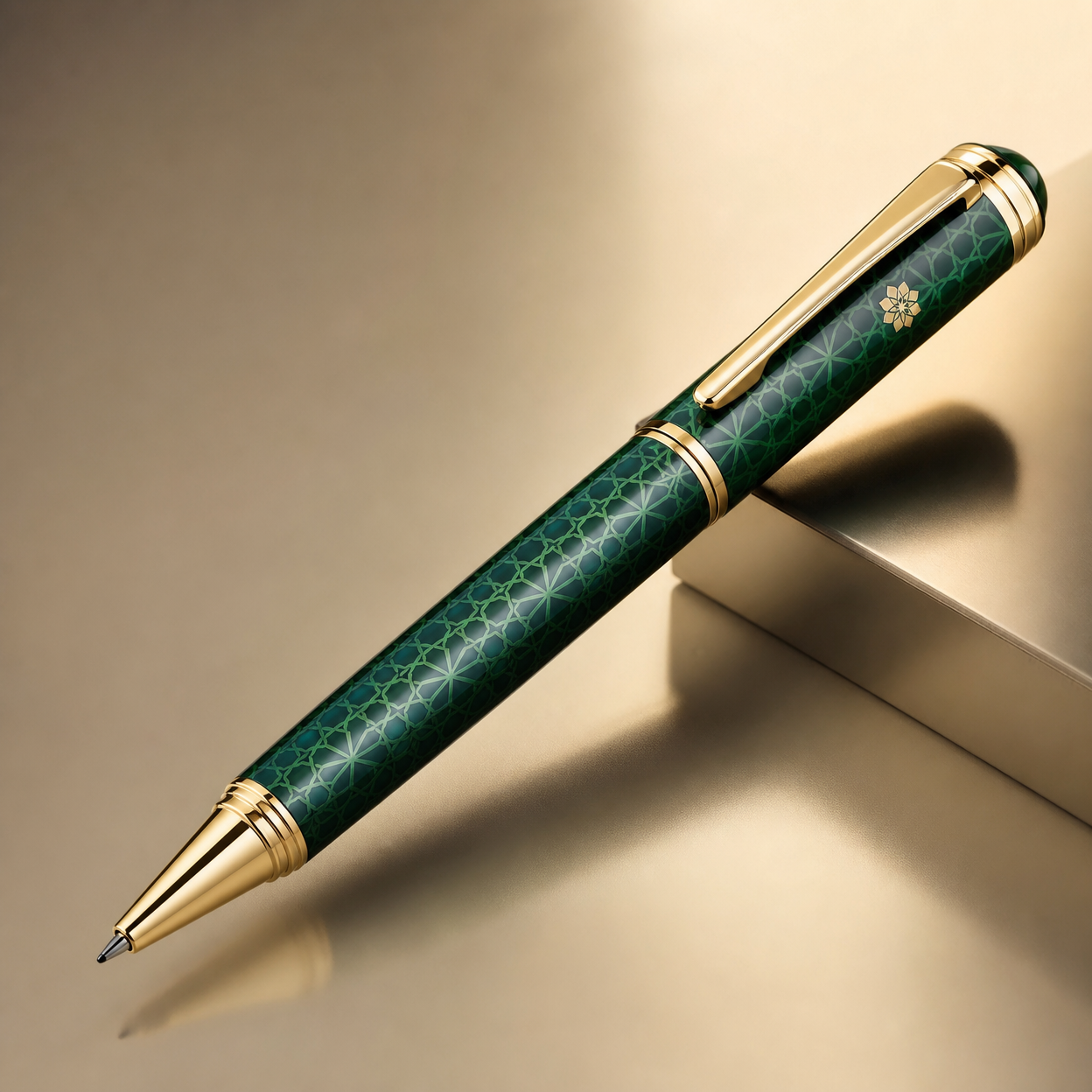 WIJHAH luxury pen with the sacred-geometry pattern in green and gold